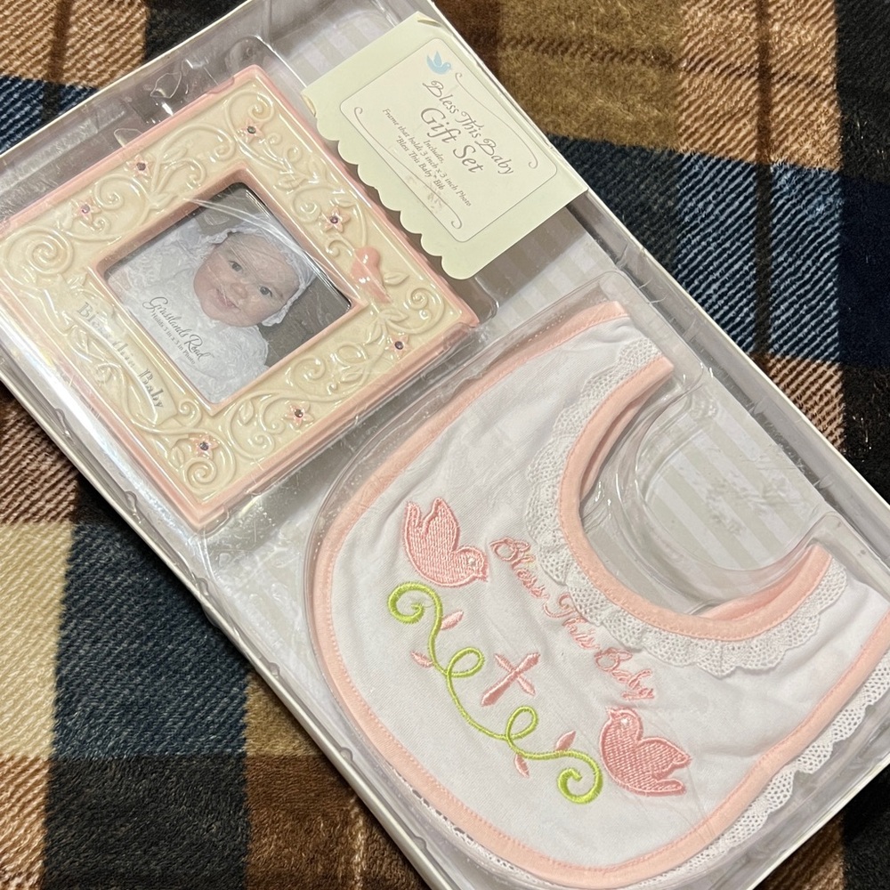 Grasslands Road Pink and White Embroidered Baby Bib & Keepsake Frame Set
